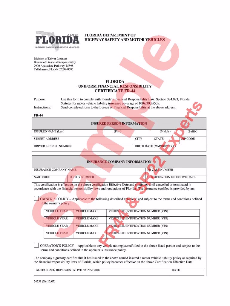FR44 Sample Form Fast online FR44 quote with no hidden fees